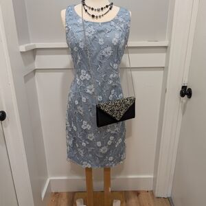 Oleg Cassini Blue Floral Dress with Black Clutch